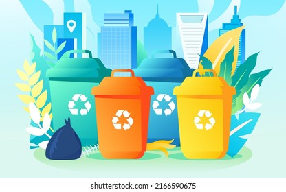 People are sorting garbage with various plants and buildings in the background, vector illustration