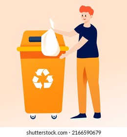 People are sorting garbage with various plants and buildings in the background, vector illustration