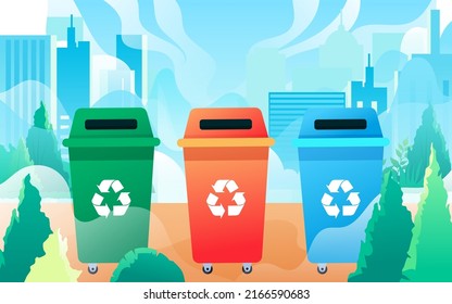 People are sorting garbage with various plants and buildings in the background, vector illustration