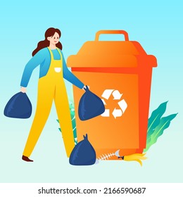 People are sorting garbage with various plants and buildings in the background, vector illustration