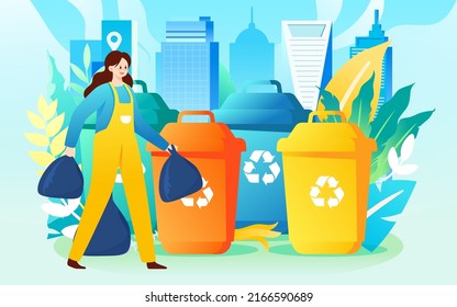 La gente está clasificando la basura con varias plantas y edificios en el fondo, ilustraciones vectoriales