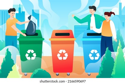 People are sorting garbage with various plants and buildings in the background, vector illustration