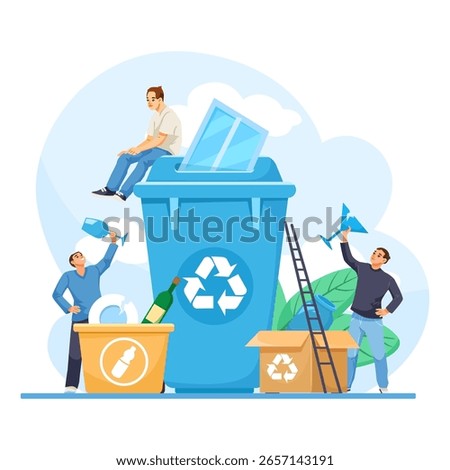 People sorting glass bottles and broken glass into recycling containers, flat graphic style, on white background. Concept of glass recycling. Vector illustration