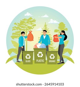 People sorting recyclable waste into designated bins for glass, plastic, and organic materials, promoting environmental responsibility in a surrounding nature. Sustainable energy concept.