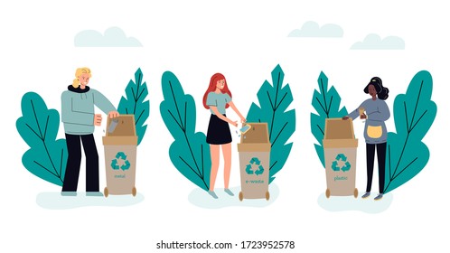 People sorting trash in dumpsters and containers, sketch vector illustration isolated on white background. Garbage collection and recycling for green environment.