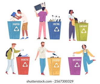 People sorting trash. Man woman throw out garbage in recycling bins, separate waste dustbin paper organic food plastic waste bag segregation for reuse, classy vector illustration original artwork