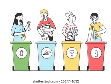 People sorting trash and rubbish flat vector illustration. Responsible men and women standing near dustbin and putting garbage in different containers for recycling. Environment and ecology concept