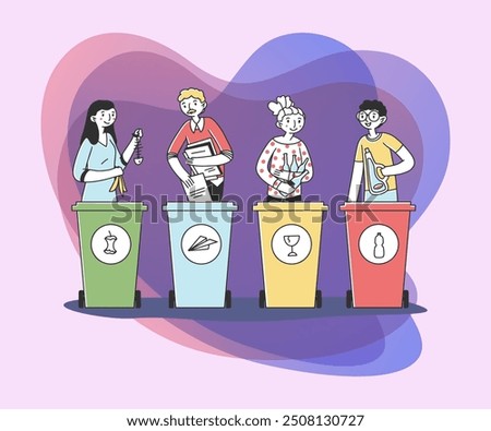 People sorting trash and rubbish flat vector illustration. Responsible men and women standing near dustbin and putting garbage in different containers for recycling. Environment and ecology concept