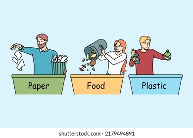 People sorting waste in containers. Eco friendly volunteers or activists care about environment. Ecology management concept. Vector illustration. 