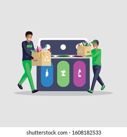People sorting waste flat color illustration. African american boys isolated cartoon characters separating garbage in different containers. Eco friendly lifestyle, trash recycling, waste management