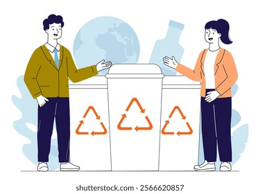 People sorting waste. Man and woman near garbage containers with botles. Eco activists sort waste. Recycling and reuse, zero waste lifestyle. Caring for environment. Linear vector illustration