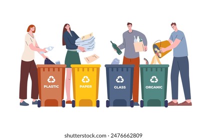 People sorting waste. Plastic bins for paper glass organic garbage. Modern young adults eco friendly characters, recycle trash kicky vector scene