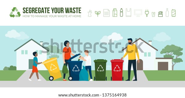 People sorting waste and\
recycling together, they are throwing each type of trash in\
different garbage bins: sustainable lifestyle and environmental\
care concept
