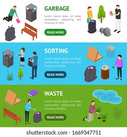 People Sorting Waste Rubbish Concept Banner Horizontal Set 3d Isometric View. Vector illustration of Recycling Garbage