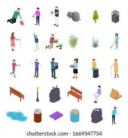 People Sorting Waste Rubbish Concept Icon Set 3d Isometric View. Vector illustration of Recycling Garbage