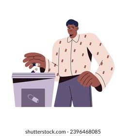 People sorting waste, separate trash, segregate rubbish. Man care about ecology. Guy collect accumulators, throw batteries in garbage container. Green life flat isolated vector illustration on white