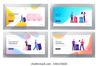 People Sorting Waste Website Landing Page Set. Characters Throw Bags with Garbage to Litter Bins for Separating Metal, Glass, E-waste and Organic Trash Web Page Banner. Flat Vector Illustration