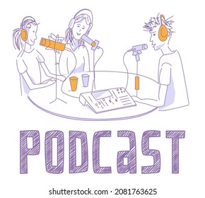 Personas en el estudio de grabación de sonido. Dos mujeres y un hombre están hablando para podcast o programa de radio. Equipo especial: micrófonos, audífonos, mezclador, División para el Adelanto de la Mujer. Ilustración de línea sobre fondo blanco. Vector