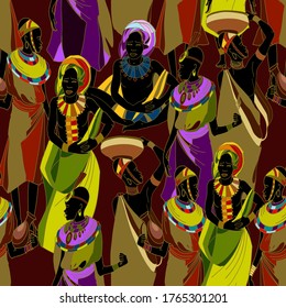 People of South Africa. Ethnic art. Tradition and culture. African women in national clothes horizontal seamless pattern. Beautiful black females 