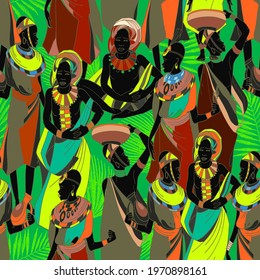 People of South Africa. Ethnic art. Tradition and culture. African women in national clothes horizontal seamless pattern. Beautiful black females 