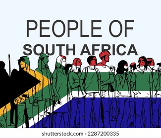 People of South Africa with flag, silhouette of many people, banner of diversity or protest in South Africa, group of person, society and audience concept, gathering idea