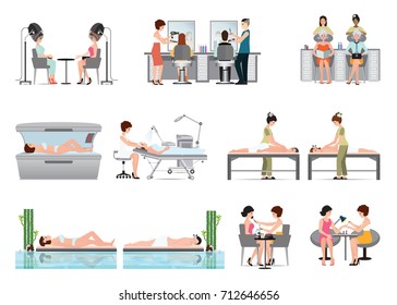 People in spa beauty salon and various beauty procedures isolated on white background, vector illustration.