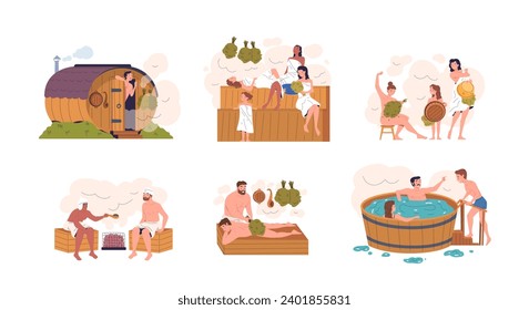 People spa sauna. Women and guys relaxation hot wooden tubs wellness bath procedures, sweat woman man in towels finnish banya, steam warm bathing therapy classy vector illustration