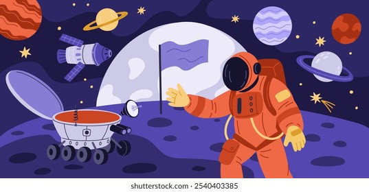 People in space. Astronaut on planet surface. Galaxy discoverer in spacesuit. Cosmos exploration. Moon rover. Cosmonaut spacewalk. Spaceman with explorers flag. Garish