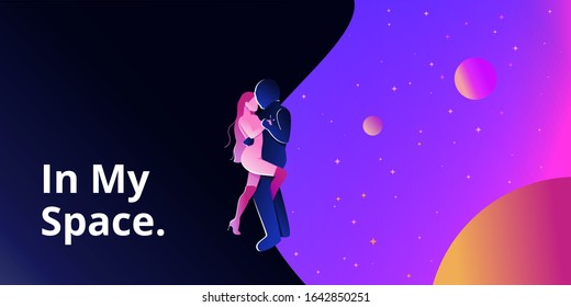 People in Space. Dancing couple. Space and planets. Woman and man. Pink woman and spaceman in dance. Happy and color future. Stars.