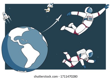 People in space suits fly away from the earth