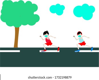 People spaced the distance from the running in the parks, New normal is social distancing and wearing mask after COVID-19 pandemic concept, Flat design