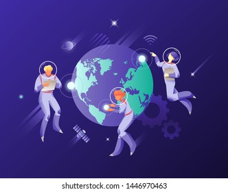 People in spacesuits around Globe. Vector metaphor of modern global network.