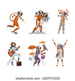 People in spacesuits doing everyday activities while living in space set. Astronauts skateboarding, walking, dating, playing guitar cartoon vector illustration