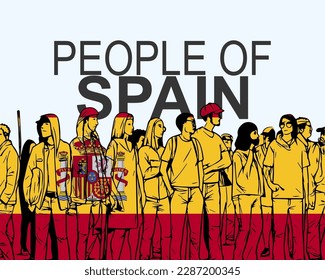 People of Spain with flag, silhouette of many people, banner of diversity or protest in Spain, group of person, society and audience concept, gathering idea