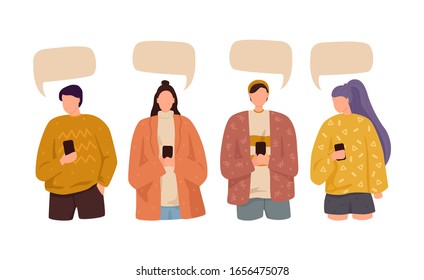 People speak and chatting. Communication with person. Dialogue speech bubbles. Isolated flat vector illustration.