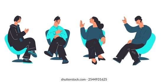 People speak at a conference or forum, business event. People sit in chairs and take part in discussions and debates, speakers experts, flat vector illustration isolated on white background.