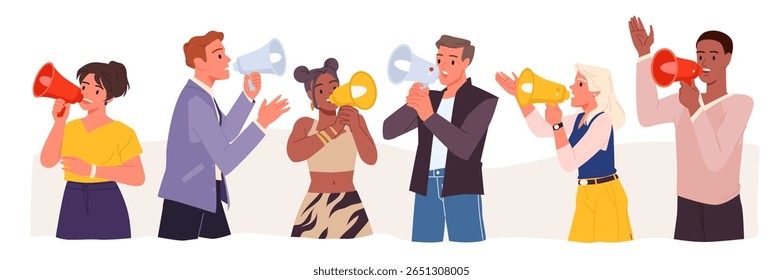 As pessoas falam dentro do aparelho de alto-falante. Homem e mulher grupo diverso segurando megafone para falar anúncio e oferecer alto, personagens com bulhóis gritam informações cartoon ilustração vetor
