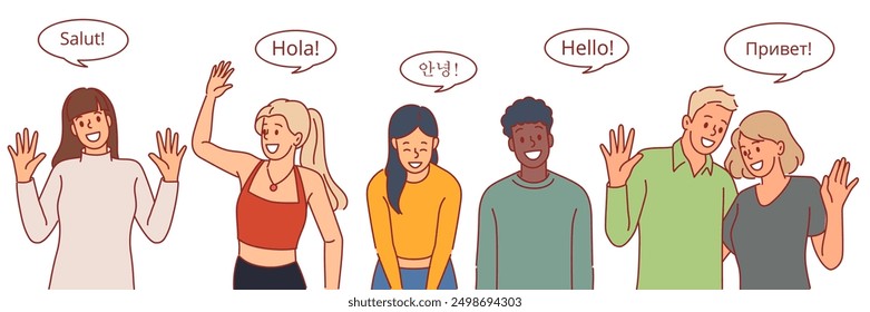 People speak languages. International greeting, guys and girls with speech bubbles, multilingual communication, waving hands, cheerful phrases, cartoon flat isolated illustration, vector set