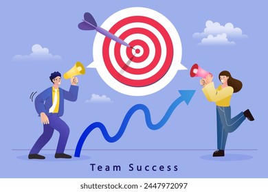 People speak on megaphone the same target. Team success and achieve goal. meeting or discussion to speak the same goal. communicate important purpose. Effective communication. Vector illustration.