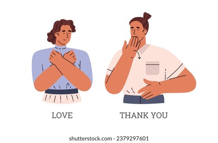 People speak sign language, vector illustration on white background. Two people communicating using hand gestures. Drawing in simple flat cartoon style.
