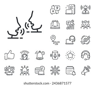 People speak sign. Place location, technology and smart speaker outline icons. Talk line icon. Voice speech symbol. Talk line sign. Influencer, brand ambassador icon. Support, online offer. Vector