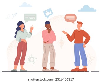 People speaking and communicate concept. Men and woman discuss rumors and news. Communication and interaction. Teenagers, students, friends and colleagues. Cartoon flat vector illustration