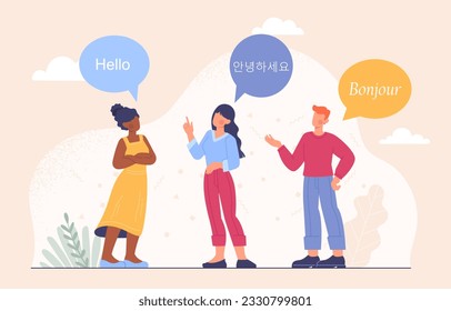 People speaking different languages concept. International communication and interaction. Man and women with colorful speech bubbles. . Cartoon flat vector illustration