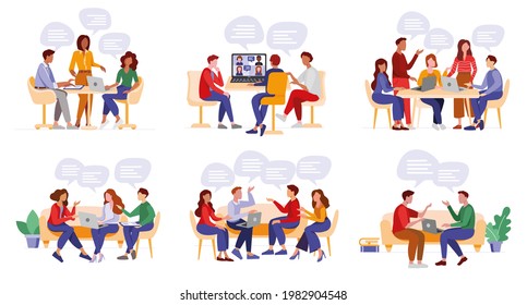 People speaking and discuss idea. Set of talking people. Chatting workers in meeting room sitting with laptop and tablet. Job interview. Teamwork  and brainstorming at work. Flat vector illustration