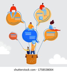 Personas hablando ilustraciones vectoriales planas. Personajes de caricatura hablan con la comunidad de amigos, se sientan en globo en el bulbo de un mensaje de chat y se comunican, fondo de comunicación en redes sociales
