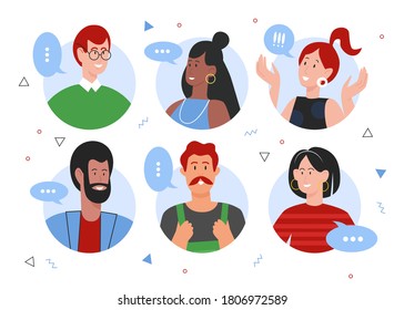 People speaking flat vector illustration set. Cartoon circle portrait of diverse happy characters speak and communicate in online conversation, man woman speaker avatar for messenger isolated on white