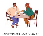 People speaking with mistrust, distrust. Bad communication, misunderstanding concept. Suspicious doubting discontent man displeased with woman. Flat vector illustration isolated on white background