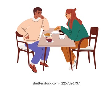 Gente hablando con desconfianza, desconfianza. Mala comunicación, concepto de malentendido. Sospechoso dudoso descontento hombre disgustado con la mujer. Ilustración vectorial plana aislada en fondo blanco