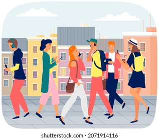 People speaking mobile phone walking outdoor, making selfie, listening to music, social concept. Crowd holding smartphone. Walking and standing people texting, checking social media talking on phone