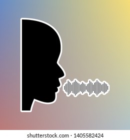 People speaking or singing sign. Black icon in white shell at pastel color background. Illustration.
